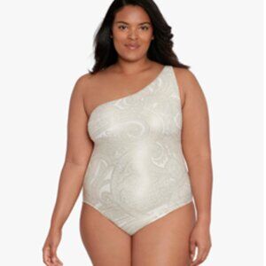 Lauren Luxury Paisley One Shoulder One Piece Swimsuit Metallic Gold NWT